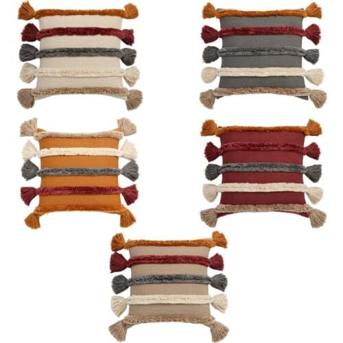 Nordic Style Woven Embroidery Throw Pillow Case Tufted Rainbow Multicolor Striped Tassels Geometric Decorative Square Cushion