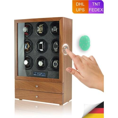 Fingerprint Unlock Automatic Watch Winder Solid Rosewood Quiet Smart Remote Control Touch Screen with Drawer 9 Wood Watch Box