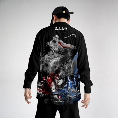 Couples Women Men Chinese Cartoon Printed Loose Long Sleeve Shirt Casual Shirts Harajuku Hip Hop Streetwear Blouses