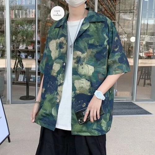 Short-sleeved shirt jacket summer tide brand loose retro oil painting ruffian handsome port style Japanese beach thin shirt