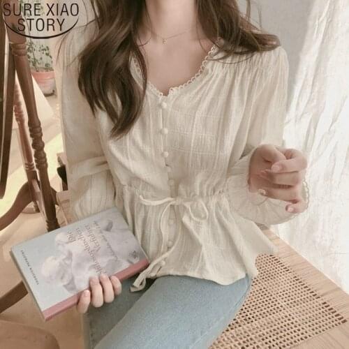Casual Cotton Linen Lace Long Sleeve Shirts 2021 Spring Autumn Women V-Neck White Blouses Belt Women Shirts Chemisier Femme 9590