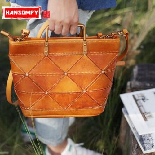 Handmade Leather Women Handbag Geometric Stitching Female Shoulder Bag Casual Leather Dumpling Bag Retro Literary Original Totes
