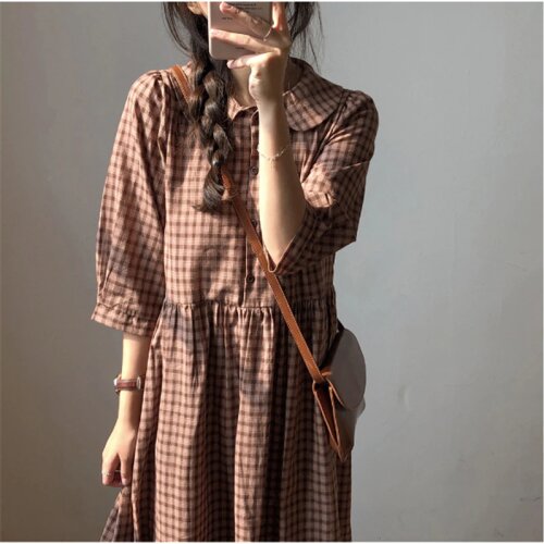 S XL New New Spring Dress Girls Boho cotton Female Vintage Dress plaid Print Long Sleeve Women Dresses Long Robe Vestido