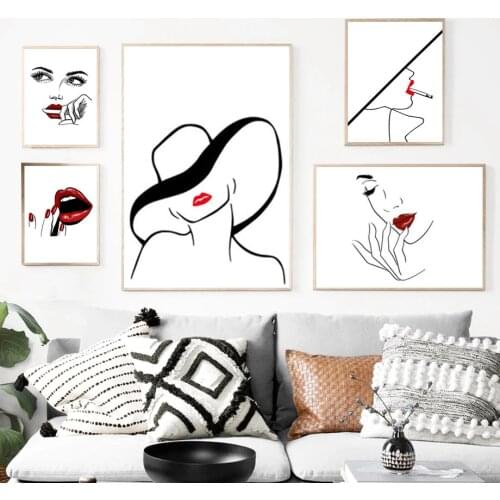 Nordic Figure Line Canvas Abstract Female Red Lip Personality Picture Modern Simple Home Decor Bedroom Living Room Decor Poster