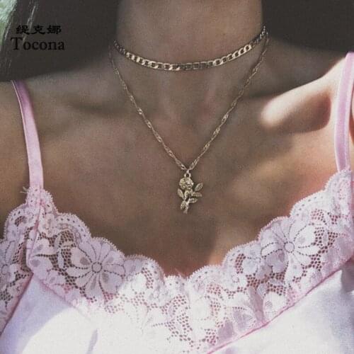 Tocona Pretty Roseflowers Pendant Necklace for Women Thick Chain Alloy Chain Choker Party Bohemian Jewelry Collar 17292