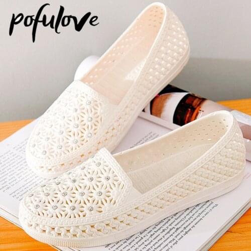 Pofulove Flats Shoes Women Hollow Out Slip on Casual Nurse Shoes Summer Loafers Female Sandals Shallow Beach Breathable Zapatos