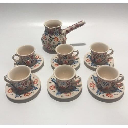 Turkish Tile Handmade Natural Earthenware Set of 6 Coffee Cups and Saucers Colorful traditional method warm coffee pot anatolian