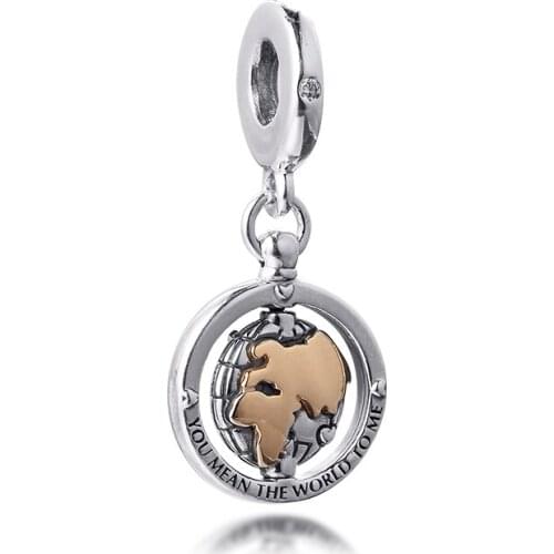 Beads fits for Necklaces Bracelets Spinning World Charms with 14K Real Gold 100% 925 Sterling-Silver-Jewelry Free Shipping