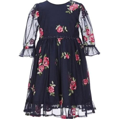 Yatheen Baby Girls Floral Chiffon Dresses Embroidered Seven-quarter Sleeve Inflate Dress