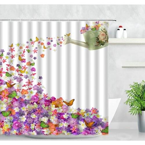 Floral Shower Curtain Red Purple Colorful Flowers Butterfly Rural Illustration Art Waterproof Fabric Curtains For Bathroom Decor