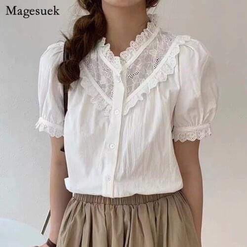 Women Blouse 2021 French Retro Palace Style Embroidery Crochet Lace Stitching Shirt Puff Short Sleeve Hollow Sweet Tops 15194
