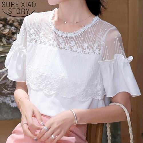 2021 Summer New Fashion Korean Style Women Blouses O-Neck Spliced Lace Women Shirts Lady' Tops Sweet Floral Shirt Blusas 8611 50