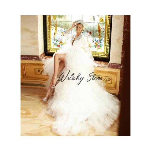 Pretty Bridal White High Slit Ruffled Tulle Skirt Women A-Line Tiered Ruffles Party Tulle Skirts With Long Train falda sciorta