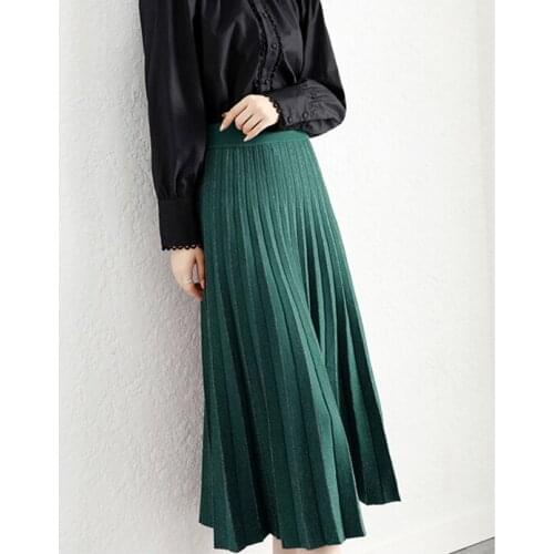 Sherhure 2020 High Waist Winter Knitted Long Skirts Pleated A-line Faldas Jupe Femme Saia Women Brown Skirt
