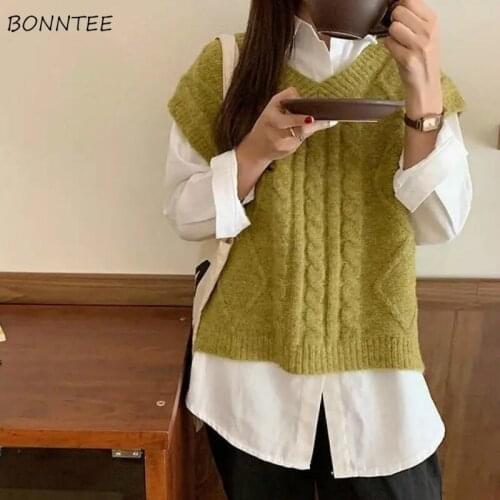 Women Sets Loose Turn-down Collar Solid Long Sleeve Shirt Simple Knitted Wear Sweater Vest Chic Autumn Korean Version All-match