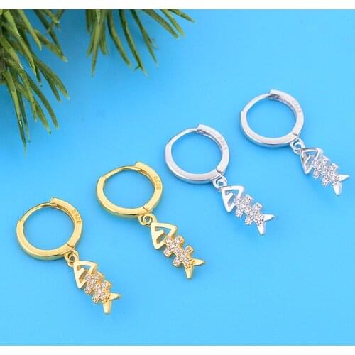 100% 925 Silver Small Circle Gold Color Fish Bone Zirconia Hoop Earring Women Pendientes Brinco Boucle D'oreille Oorbellen 2020