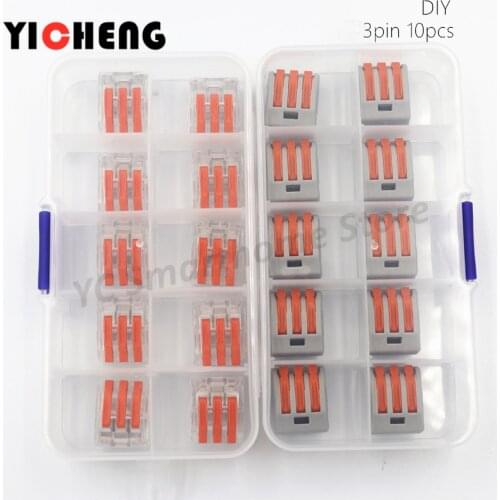 10pcs box case Universal Compact Wire Wiring Connector 3 pin Conductor Terminal Block With Lever 0.08-2.5mm2 wire connector DIY