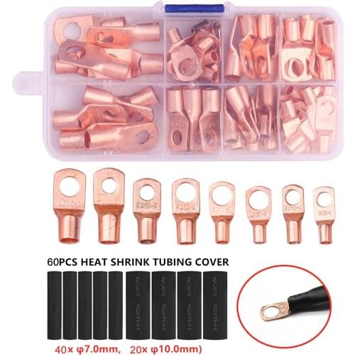 125PCS/Box Assorted Wire Lugs Kit Includes 65PCS Copper Ring Terminals Crimp Connectors 60PCS Heat Shrink Tube