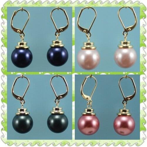 4 color! Wholesale pure colors 12mm blue/pink/black/red round shell pearl Natural Stone earrings fashional jewelry