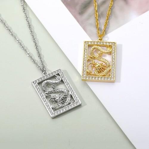 Zircon Square Dragon Necklaces For Women Men Gold Silver Color Stainless Steel Neck Chain Male Female Pendant Necklace Jewelry
