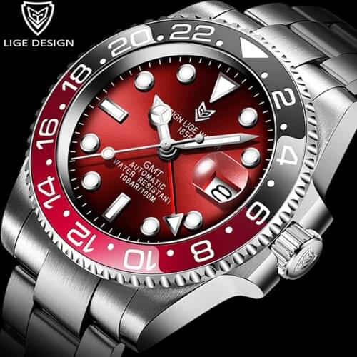 LIGE DESIGN Men GMT Automatic Mechanical Watch Ceramic Bezel 316L Stainless Steel 100ATM Waterproof Clock Sapphire Glass Watches