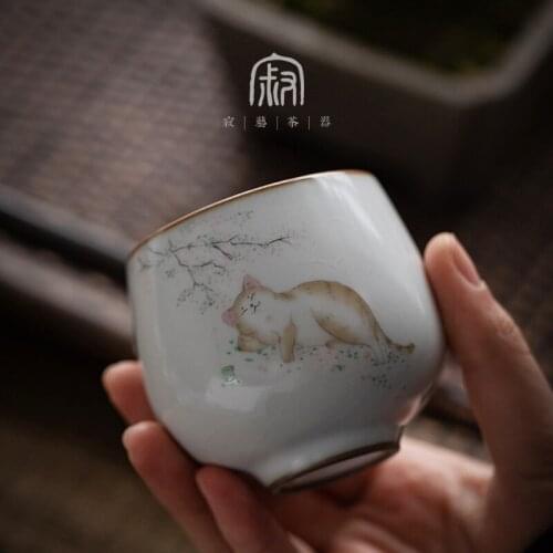 Tea Cup Tea Cup Ceramic Master Cup Single Cup Drunk Flower Cat Painted Ice Cracked Tea Set Small Tea Cup