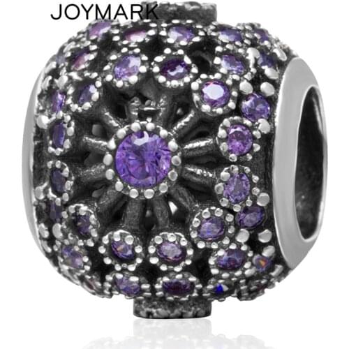 Purple CZ Zircon Micro Pave Hollow Flower Authentic 925 Sterling Silver European Charm Beads For DIY Fine Jewelry Making SZPB244