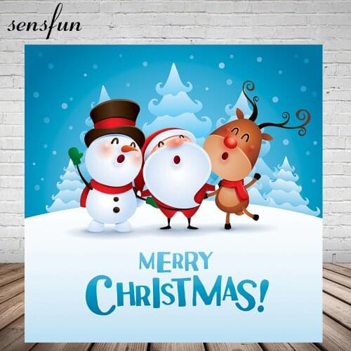 Winter Merry Christmas Backdrop Blue White Snow Tree Santa Claus Snowman Elk Photography Backgrounds For Photo Studio Vinyl