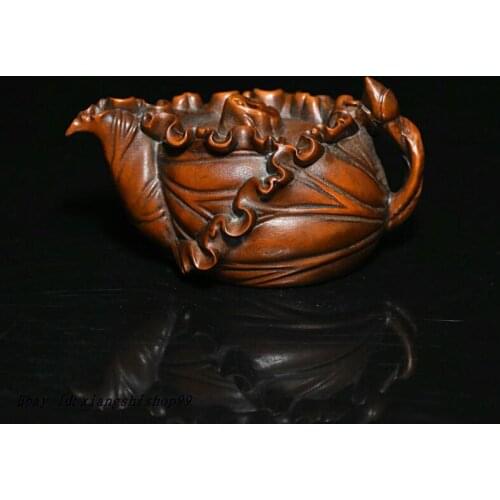 China Boxwood Wood Carved Lotus Shape Teapot Winepot model Adorn Statue Figurine