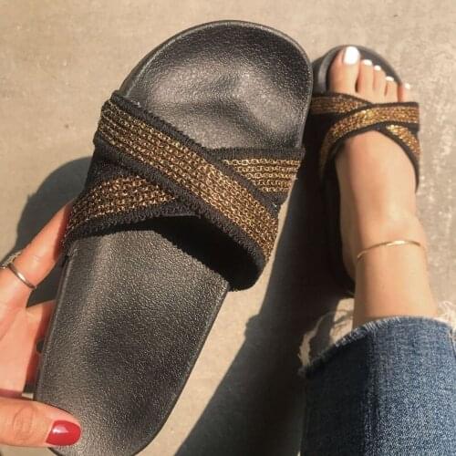 Summer Women Fashion Slippers Flat Heel Cross Weave Thin Metal Chain Eva Non Slip Sole Outdoor Cool Slides Beach Shoes Ladies