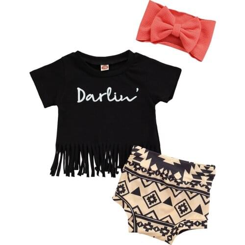 Summer Newborn Baby Girl Boy Outfits Fashion Three-piece Letter Short Sleeve Tassles T-Shirt+Print Shorts+Bow Hair Baby Sets