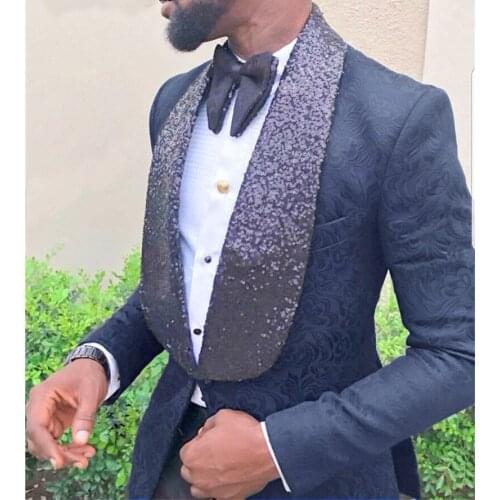 Men Suits Navy Blue and Black Groom Tuxedos Shawl Sequin Lapel Groomsmen Wedding Best Man ( Jacket+Pants+Bow Tie ) C689