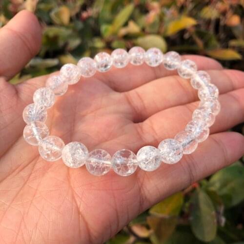 Natural White Cracked Clear Rock Quartz Bracelet Round Bead Crystal Healing Stone Women Jewelry Gift