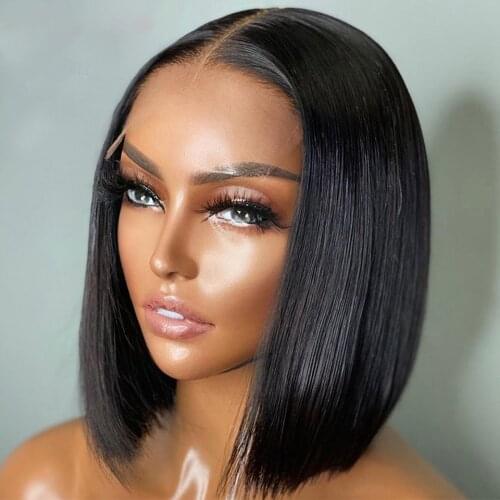 Natural Black Glueless Bob Synthetic Lace Front Wigs with Baby Hair Pre Plucked Short Straight Soft Hair Lace Wig for Women