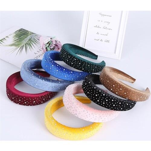 Velvet Padded Headbands Women 4cm Wide Solid Rhinestones Thick Hair Hoop Girls Sponge Non-slip Hairbands Hair Accessories 2021