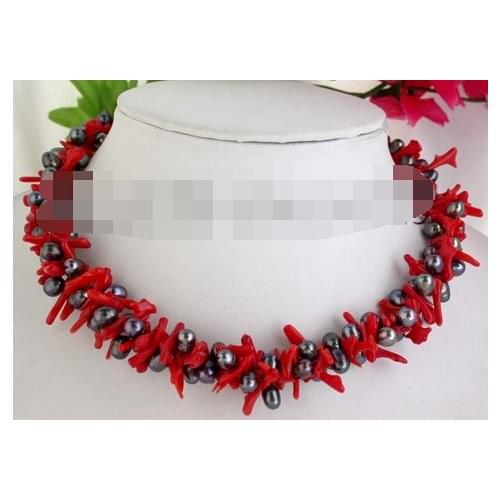2strands 19" 8mm baroque black pearl coral necklace