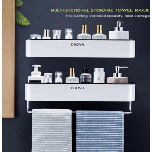 Bathroom Shelves, Shower Box Storage Rack, Wall-mounted Shampoo Rack with Towel Bar, Perforated-Free Kitchen Storage Accessories