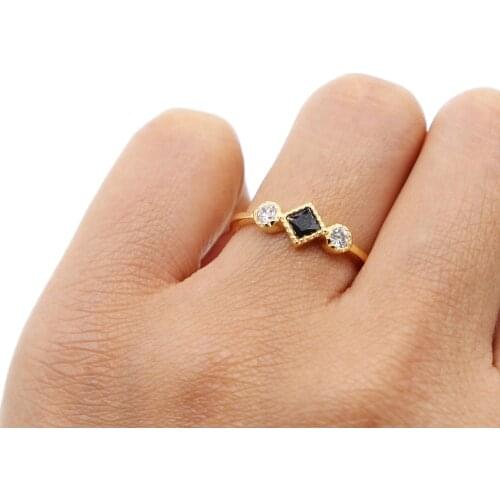 Simple 3 stone design geometric black white cz wholesale promotion minimal delicate ring