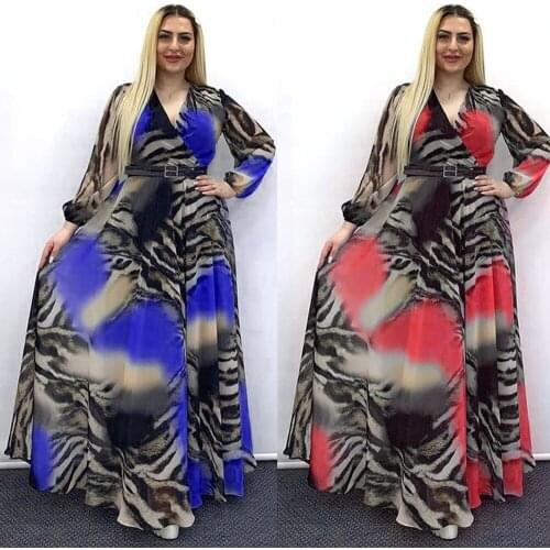 Richkeda Store New 2021 African Print Chiffon Dresses For Women Long Sleeve Evening Gowns Plus Size Muslim Fashion Abaya Party