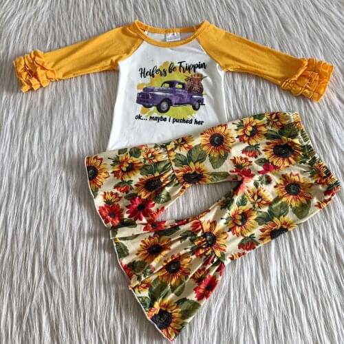 RTS wholesale Sunflower printed Toddler girls long sleeve Tops and ball bottoms set kids boutique outfits designer clothes