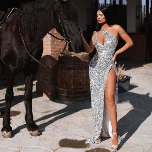 Sexy Silver Sequined Prom Dresses High Side Split Women Wedding Formal Party One Shoulder Shiny Prom Gowns