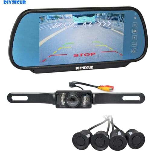 DIYSECUR 7" Remote Control Built-in LCD Mirror Monitor + Video Parking Radar with 4 sensors + IR Rear View Camera