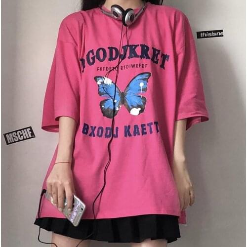 2021 Summer Casual Cotton Women T-shirt Harajuku Butterfly Print O-neck Ladies T Shirts Y2k Short Sleeve Loose Female Top Tee