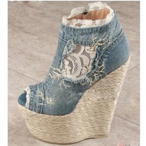 2018 Denim Platform Heels Reep Toe Blue Woman Sandal High Heels Wedges Lace Decor Sandals Cut outs Side Zip Woman Summer Sandal