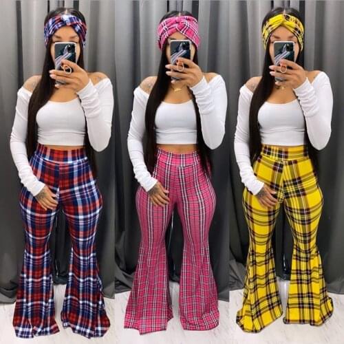 ANJAMANOR Plaid Print High Waisted Flare Pants for Women 2020 Fashion Sexy Bell Bottom Pants Casual Trousers D91-CC26
