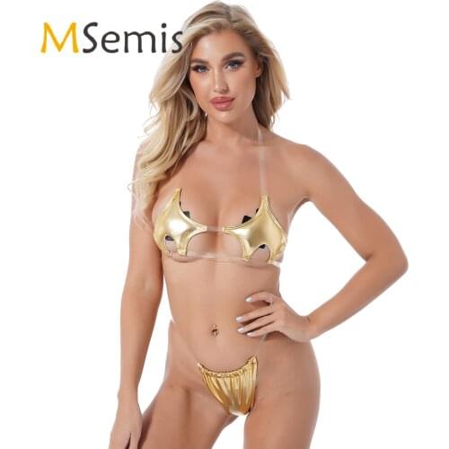 Womens Metallic Shiny Sexy Bikini Suit Halter Transparent Straps Pentagram Shaped Removable Padded Bra with Briefs Swimsuit Set
