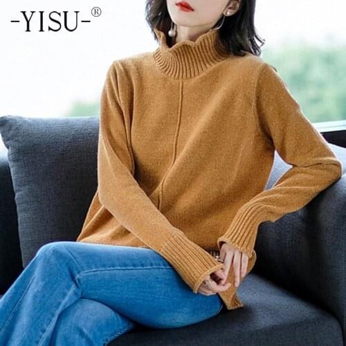 YISU Women Sweater Winter Turtleneck Warm Tops Simple Female Jumper All-match Long sleeve Solid color Knitted pullover Thick