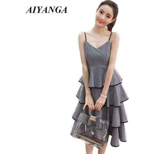 Spaghetti Strap Dress Women 2019 Spring Summer Dresses Female Sleeveless Plaid Cake Dress Medium Long Style Sexy Off Shoulder