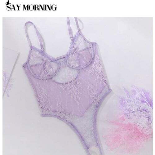 SAY MORNING New Womens Sexy Teddy Bodysuit Lingerie Lace Mesh See-through Underwire Gather Bra Embroidery One-piece Pajamas