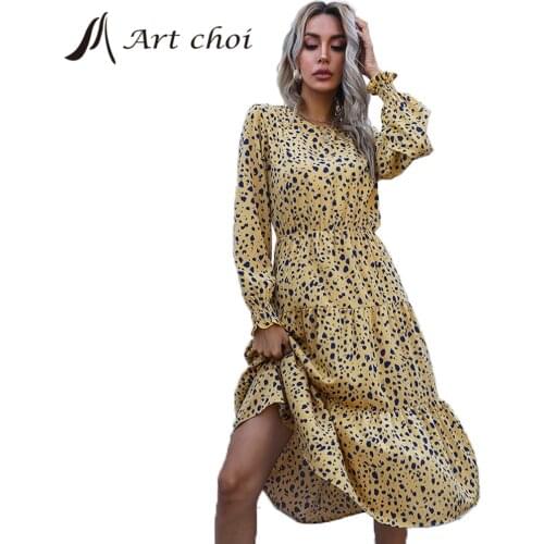 Elegant Women Party Long A-Line Leopard-Print Chiffon Dress Spring Beach Shirt Long Sleeve Lady Korean Style Boho Chic Vestido